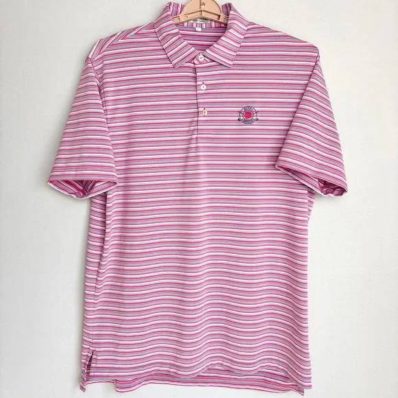 Peter Millar Summer Comfort Golf Polo Men Sz L Blue White Pink Stripe Preppy EUC - Picture 3 of 15